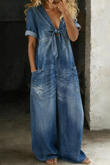 Combinaison Femme en Denim Souple à Décolleté en V et Jambes Larges