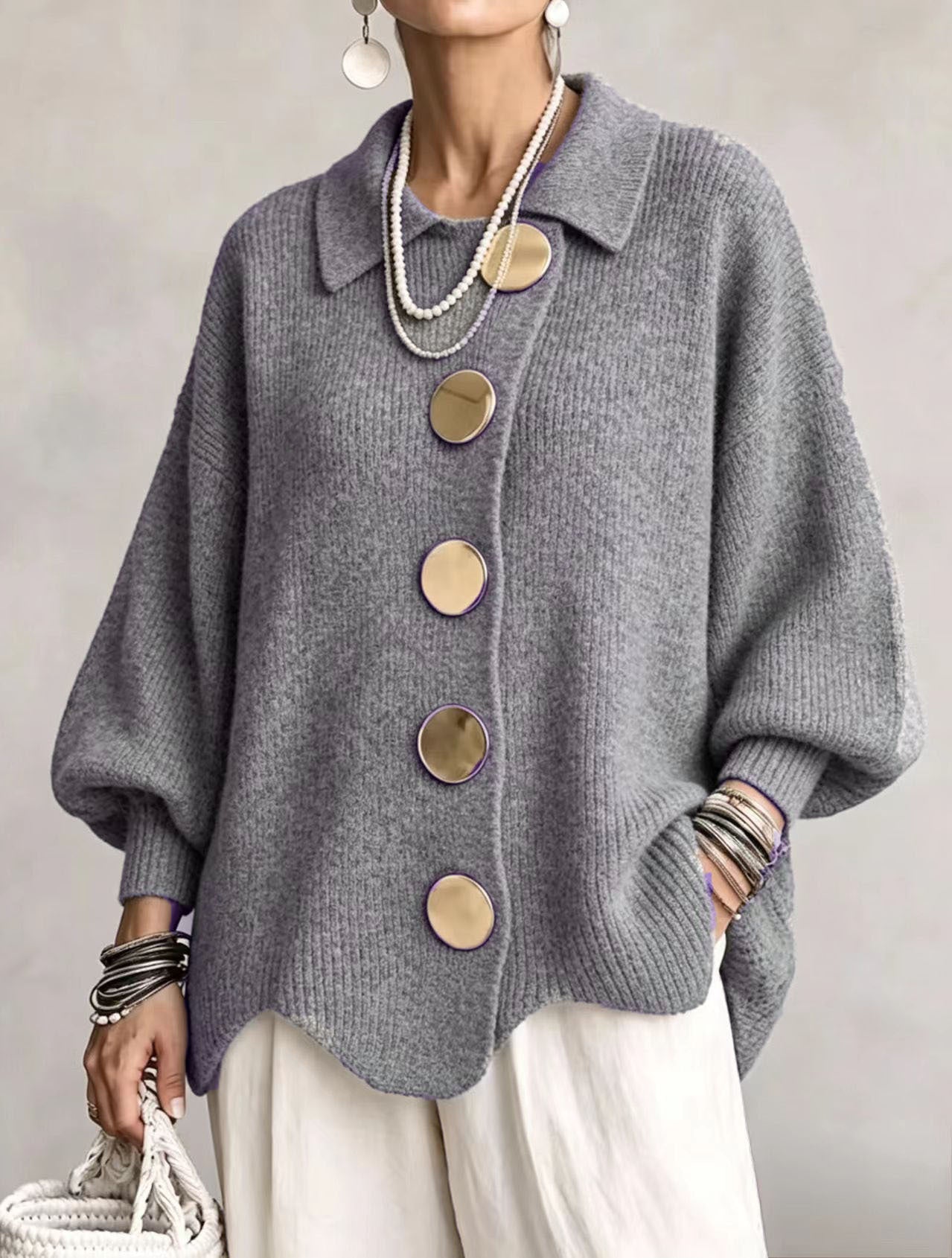 Isadora | Cardigan Oversize à Col avec Gros Boutons Métalliques