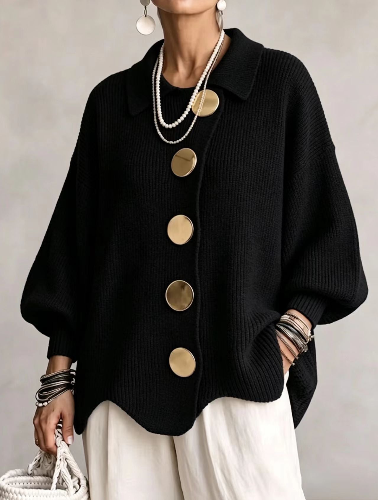 Isadora | Cardigan Oversize à Col avec Gros Boutons Métalliques