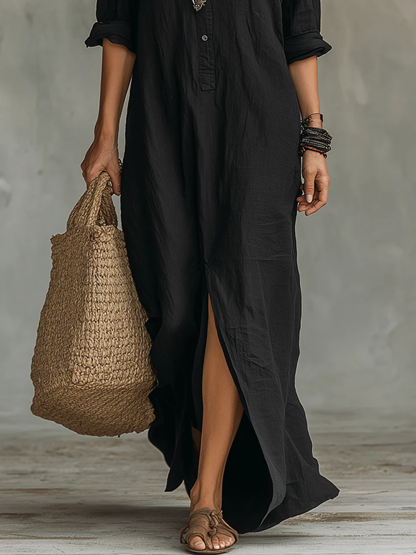 Soline - Robe Maxi Noire Longue avec Boutons