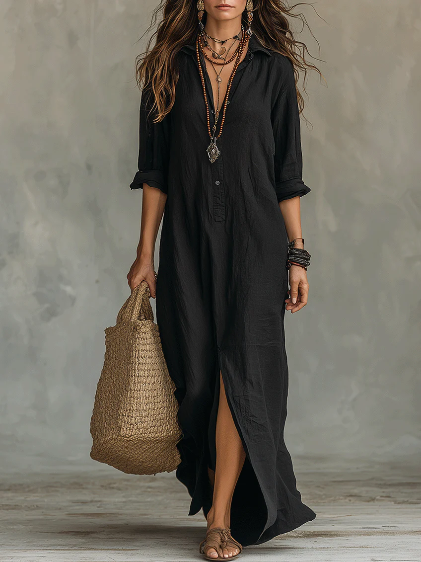 Soline - Robe Maxi Noire Longue avec Boutons
