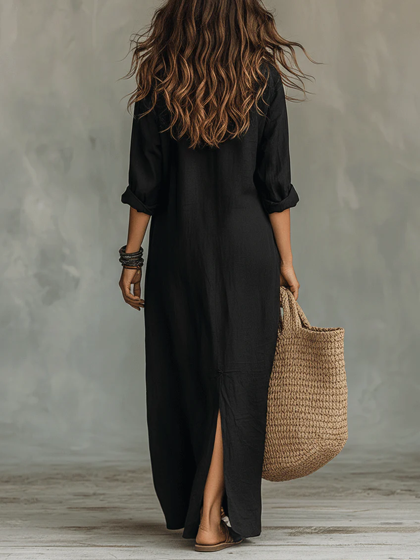Soline - Robe Maxi Noire Longue avec Boutons