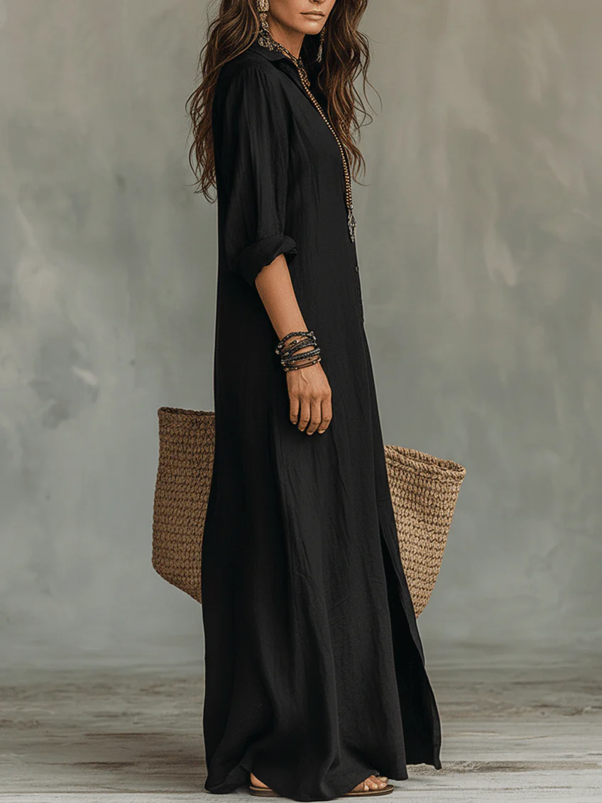 Soline - Robe Maxi Noire Longue avec Boutons