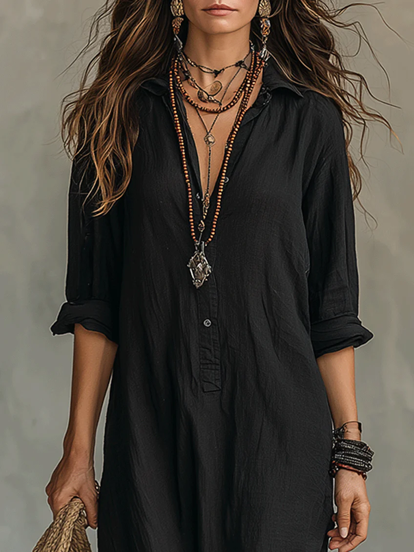 Soline - Robe Maxi Noire Longue avec Boutons