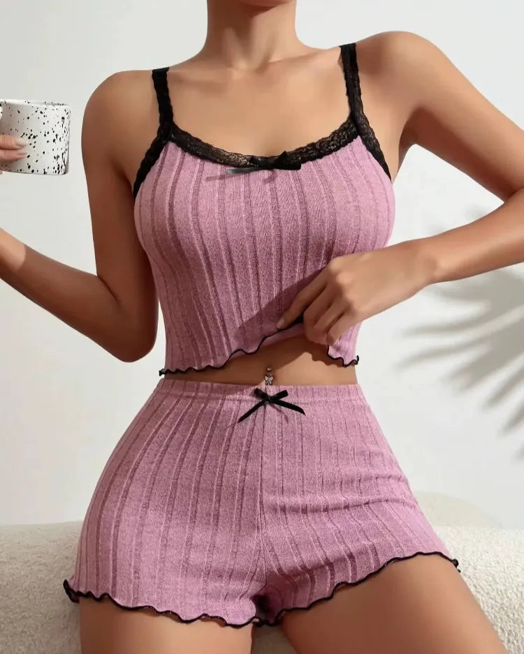Geribbelde pyjama set met kantafwerking