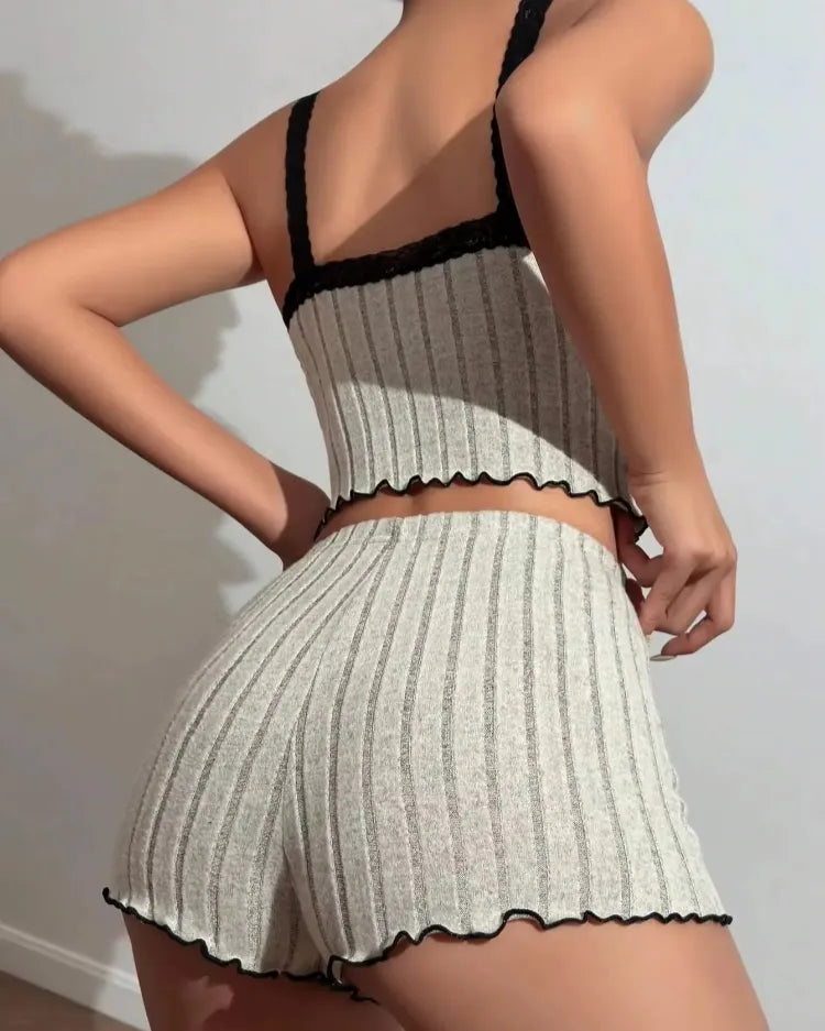 Geribbelde pyjama set met kantafwerking