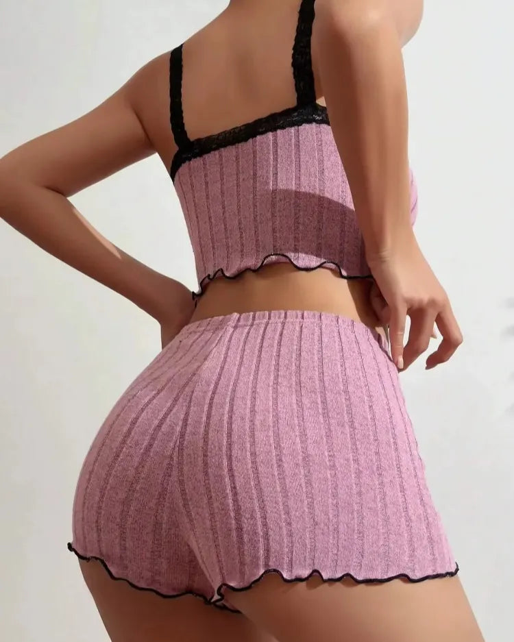 Geribbelde pyjama set met kantafwerking