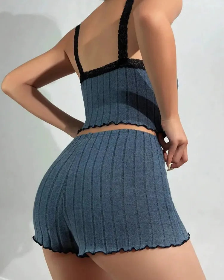 Geribbelde pyjama set met kantafwerking