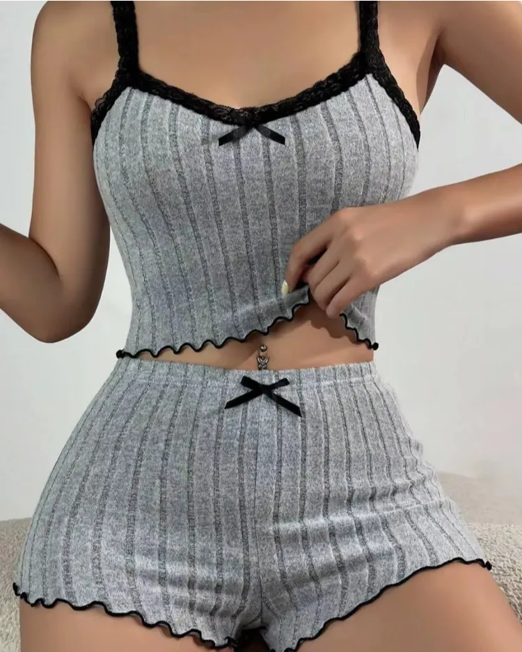 Geribbelde pyjama set met kantafwerking