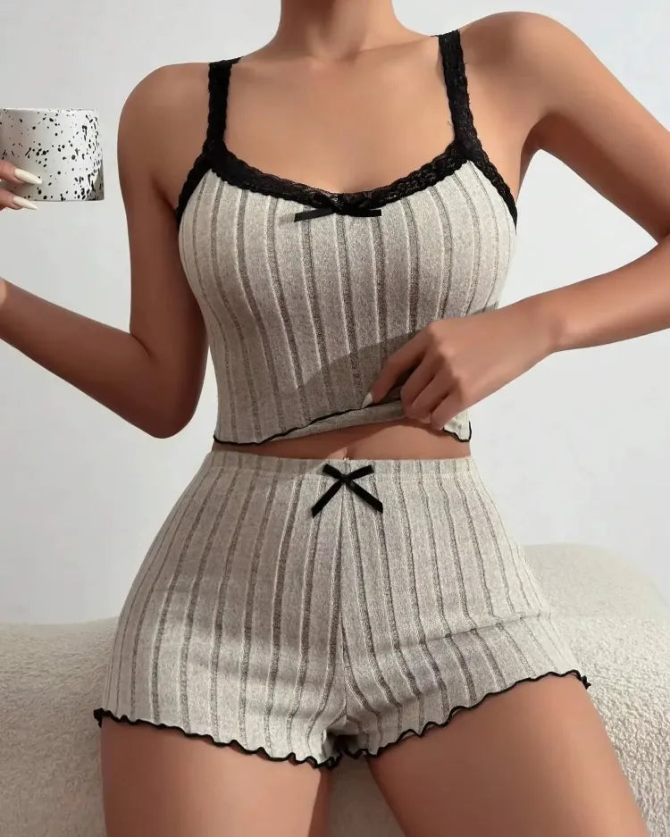 Geribbelde pyjama set met kantafwerking