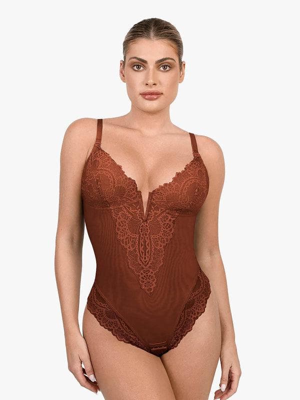 Body Gainant Sculptant à Dentelle Col V
