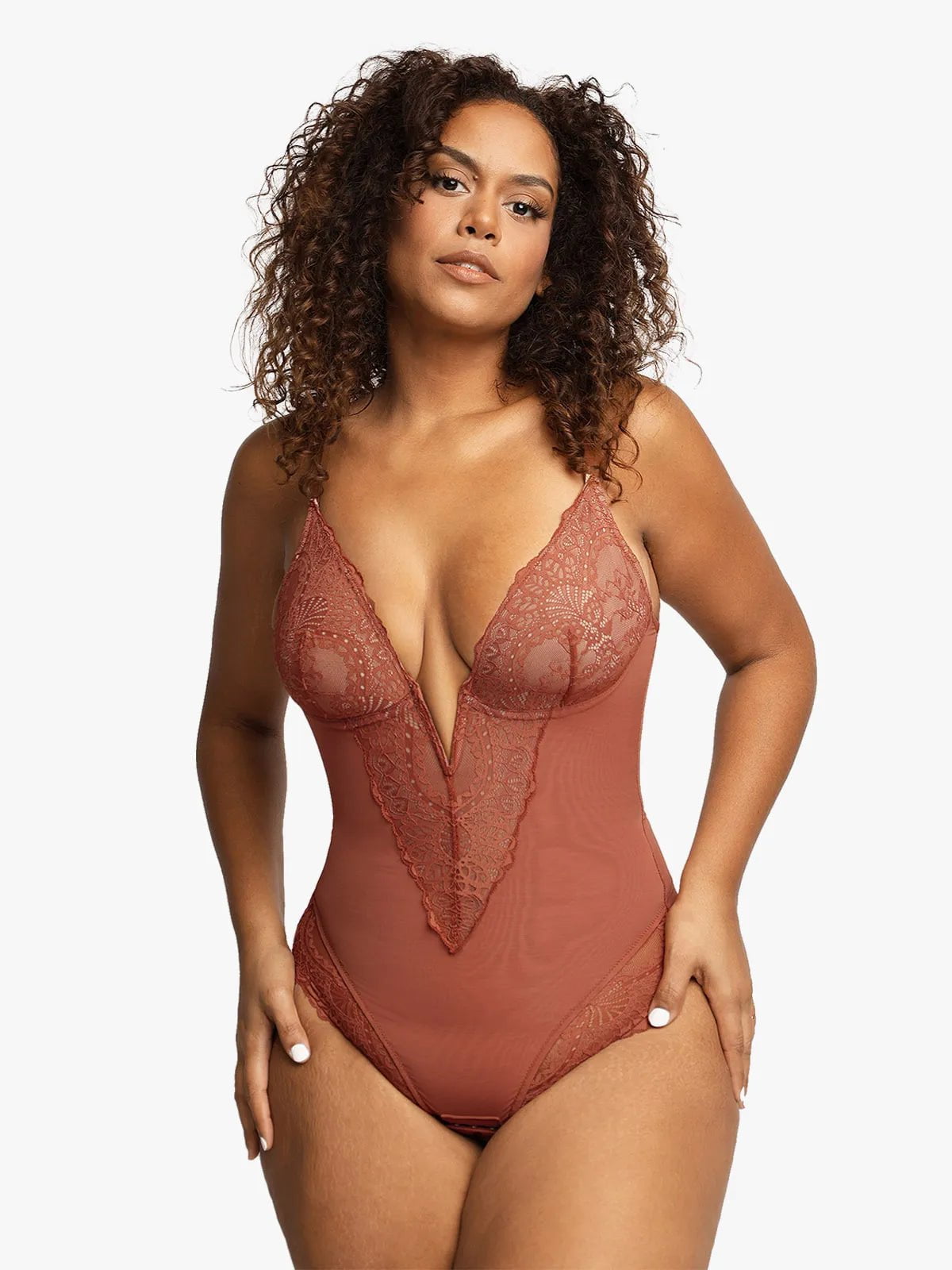 Body Gainant Sculptant à Dentelle Col V