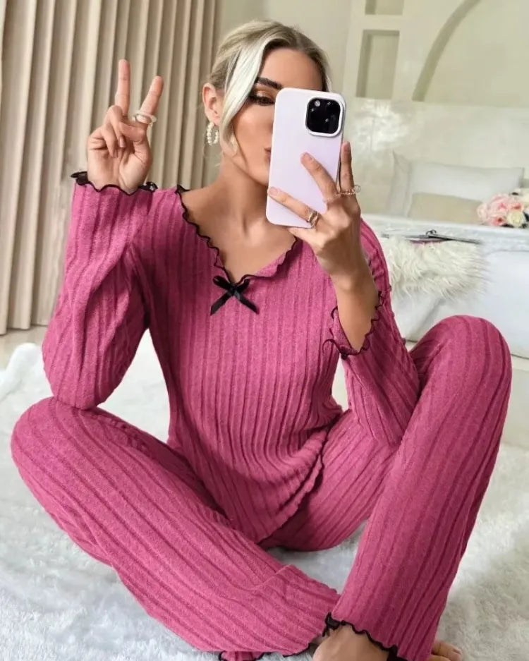 Geribbelde pyjamaset met lange mouwen