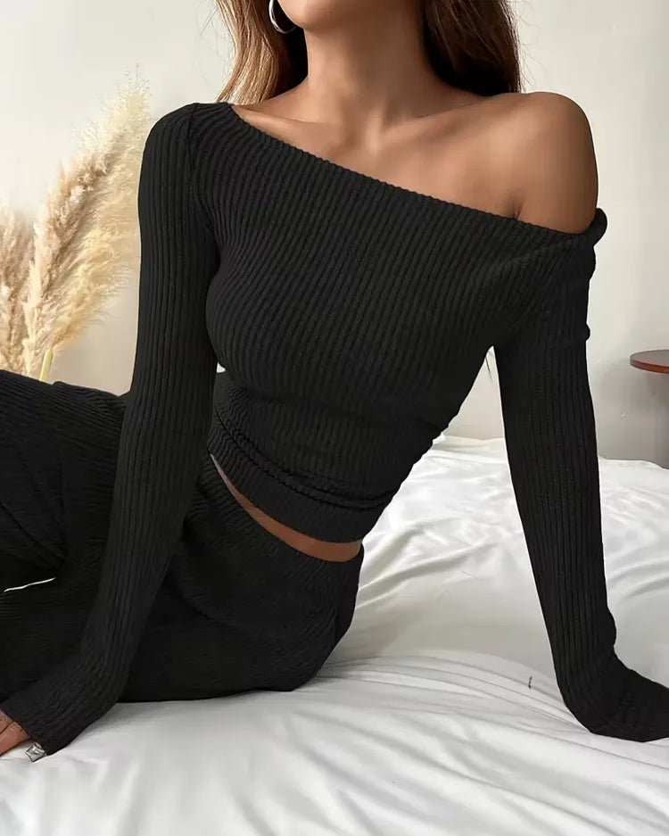 Geribbelde Loungewear Set met Ronde Hals