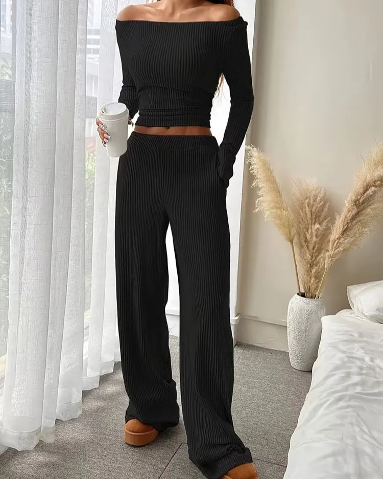 Geribbelde Loungewear Set met Ronde Hals