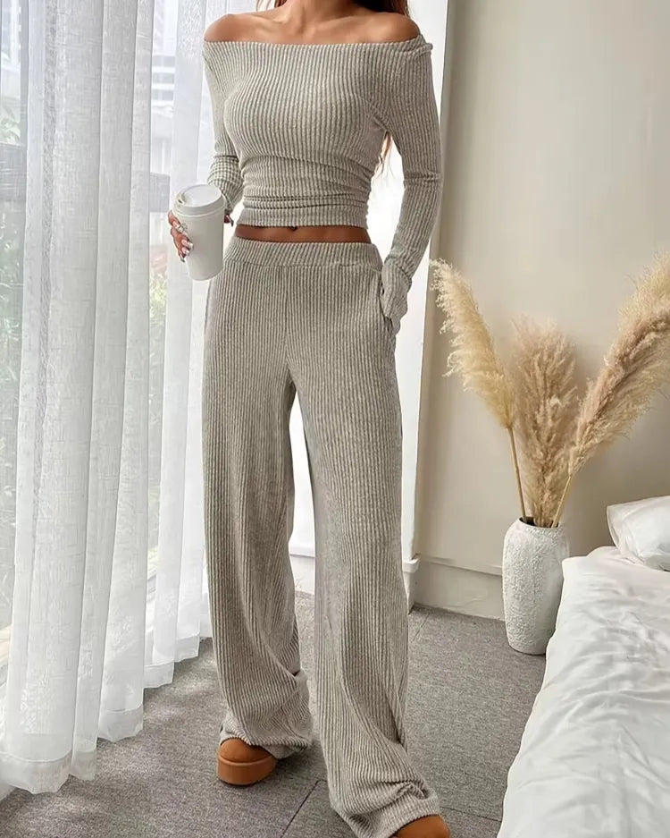 Geribbelde Loungewear Set met Ronde Hals