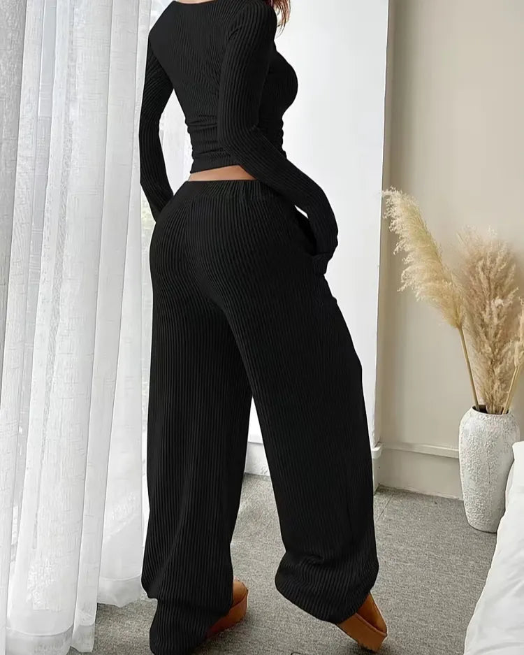 Geribbelde Loungewear Set met Ronde Hals