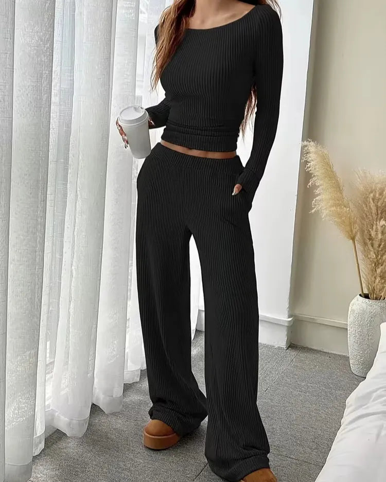 Geribbelde Loungewear Set met Ronde Hals