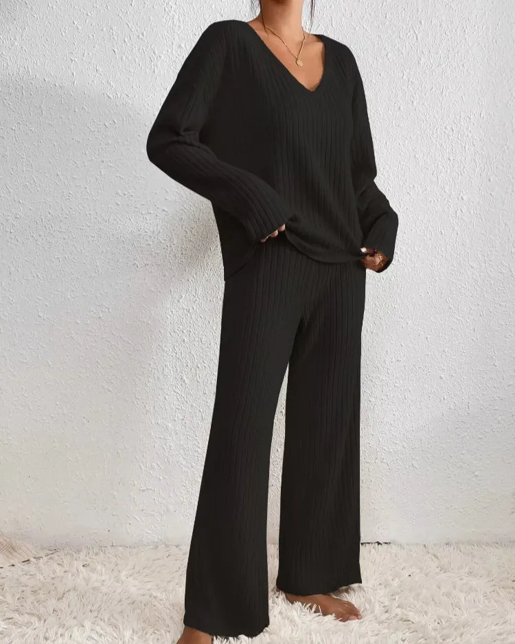Geribde V-hals pyjamaset