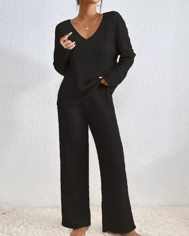Geribde V-hals pyjamaset