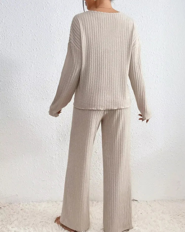 Geribde V-hals pyjamaset