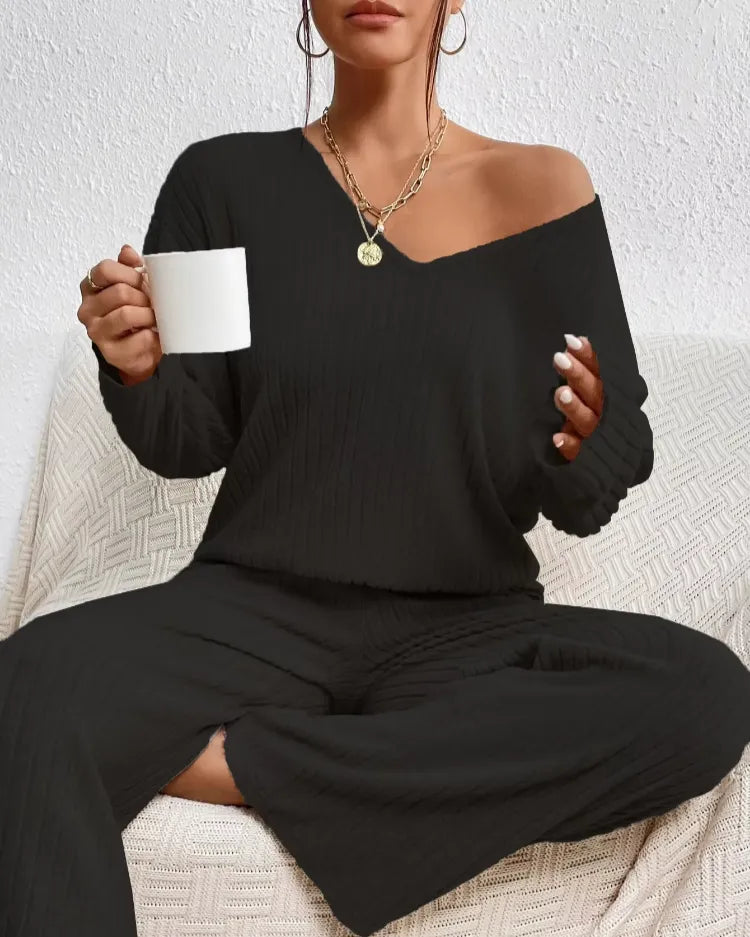 Geribde V-hals pyjamaset