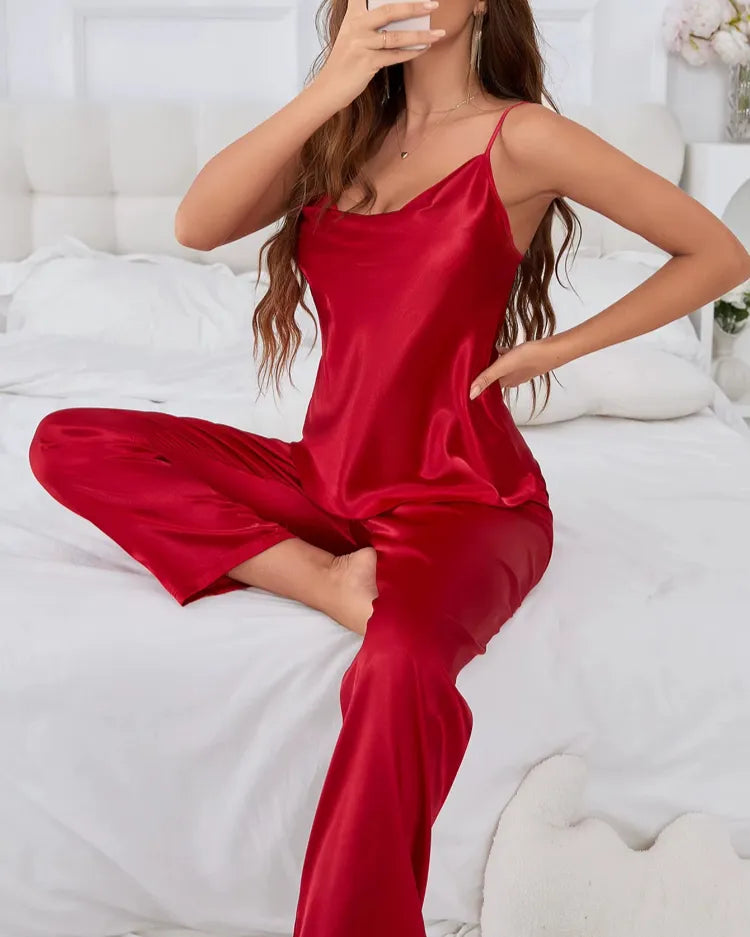 Satijnen pyjamaset zonder mouwen